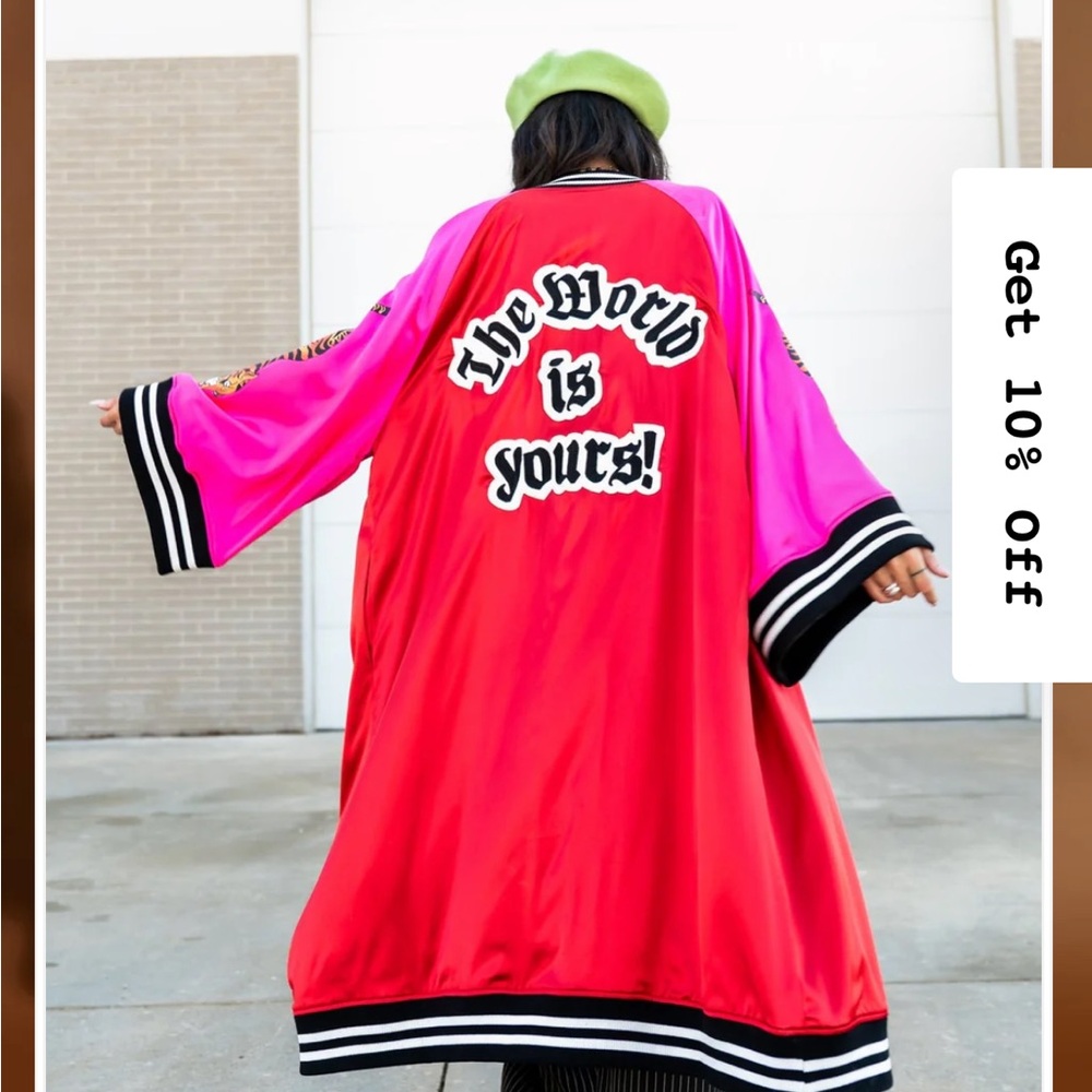 Dressed in LALA Two-Tone Red and Hot Pink Varsity Satin Jacket - Picture 7 of 8